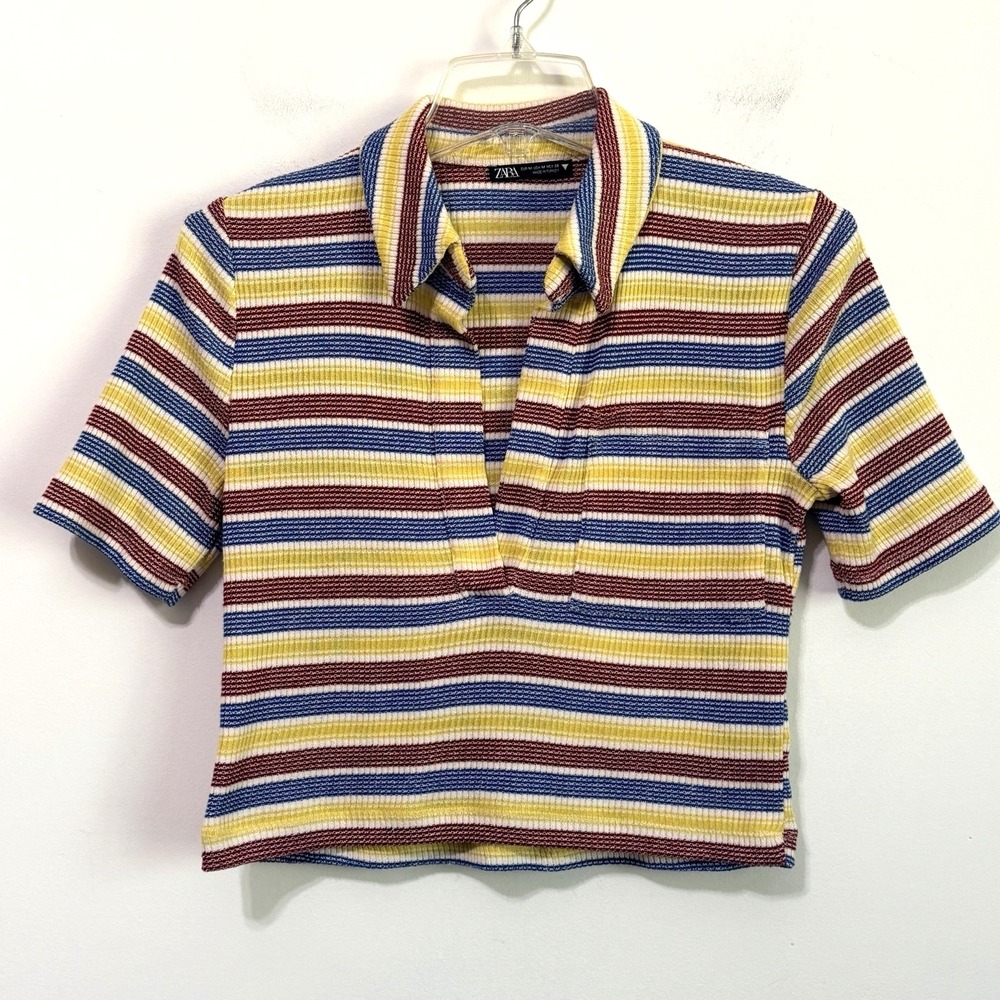 Zara‎ Crop Knit Top M V Neck Polo Short Sleeve Stripes Summer Boho Casual Shirt